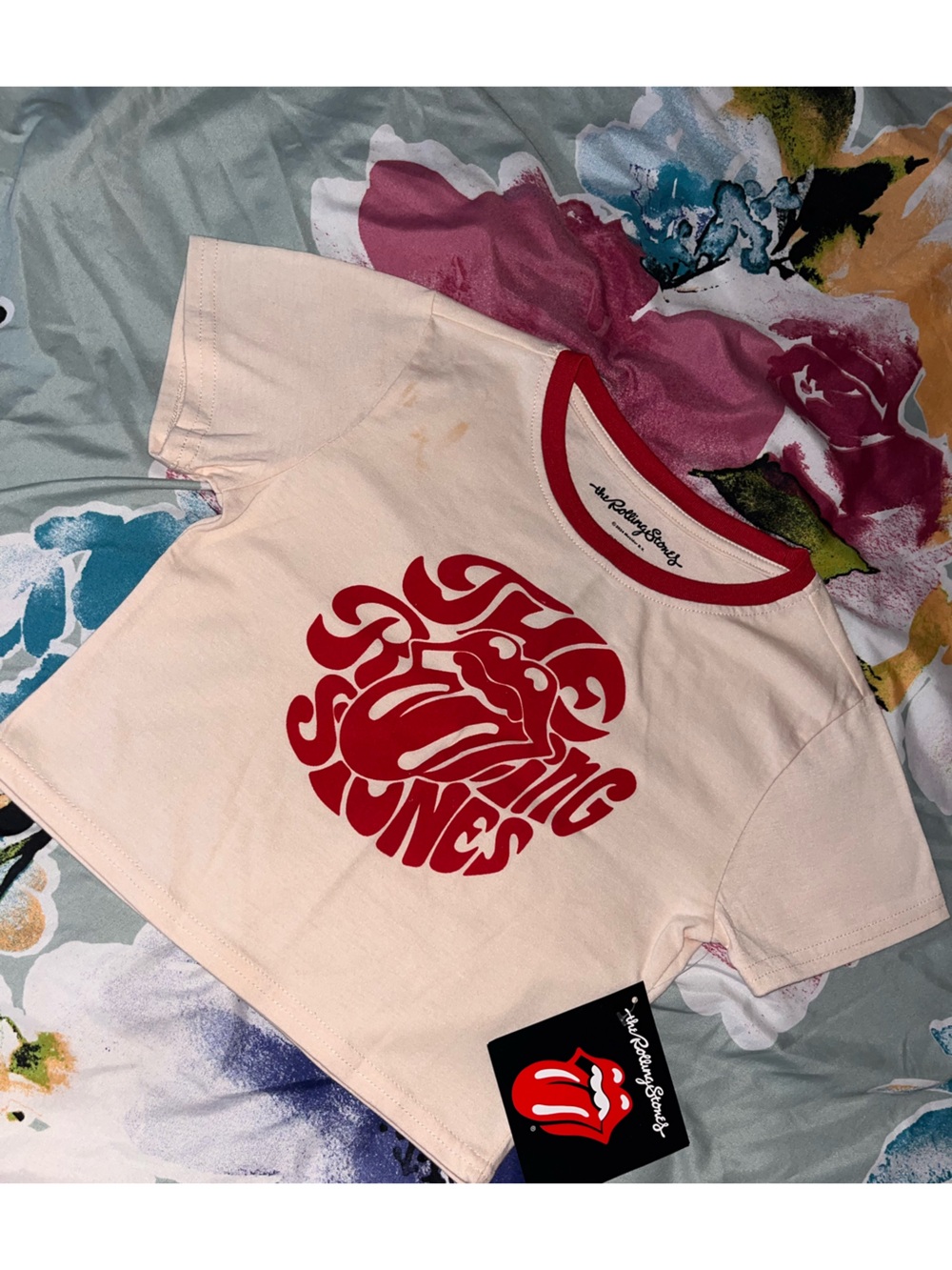 the Rolling Stones Cream Tee with Red Logo and Ringer Neck